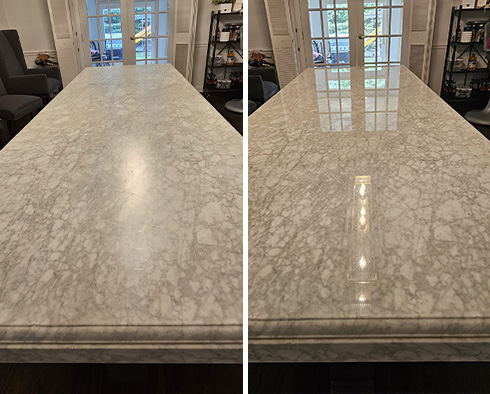 Dining Table Before and After a Stone Honing in Chicago