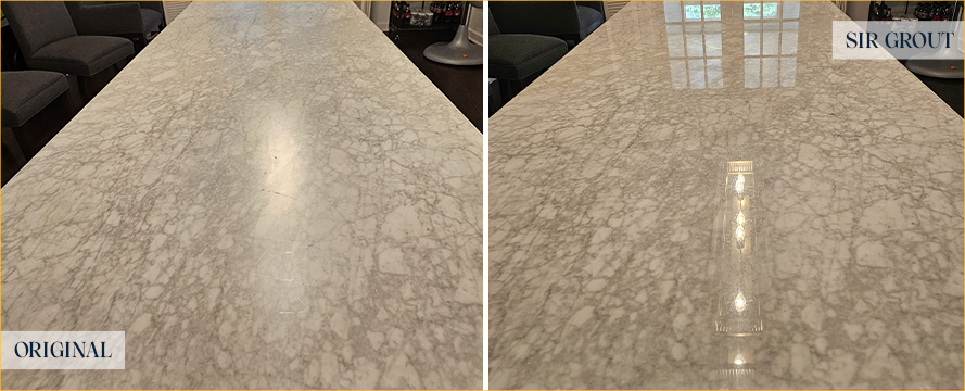 Dining Table Before and After a Stone Honing in Chicago