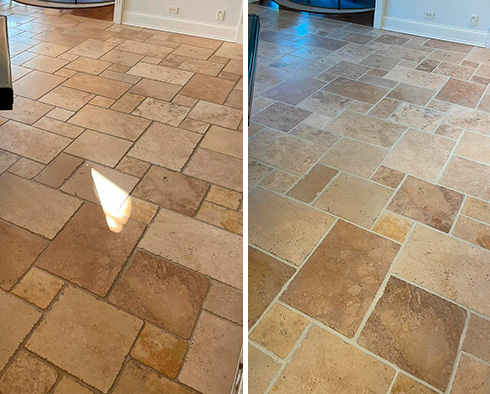Travertine Floor Before and After a Grout Sealing in Saint Charles