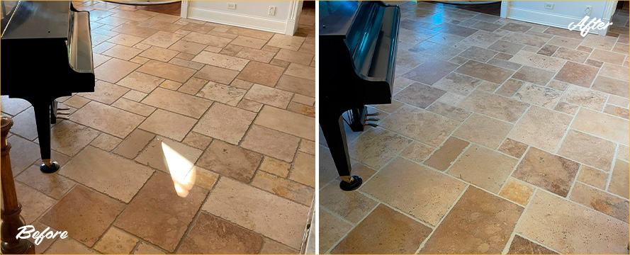 Travertine Floor Before and After a Grout Sealing in Saint Charles