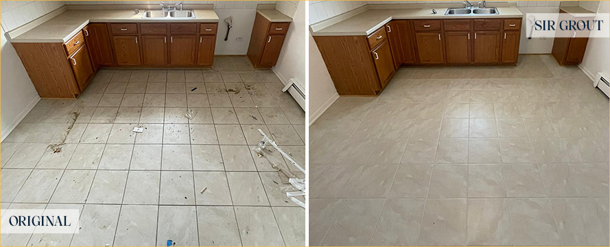 Kitchen Floor Before and After a Tile Cleaning in Lake Forest