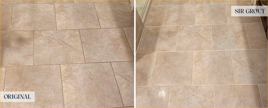 Bathroom Floor Before and After a Grout Cleaning in Lakeview