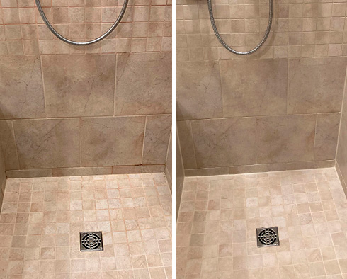 Tile Shower Before and After a Grout Cleaning in Lakeview