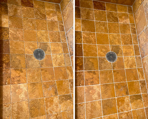 Travertine Shower Before and After a Grout Sealing in Chicago