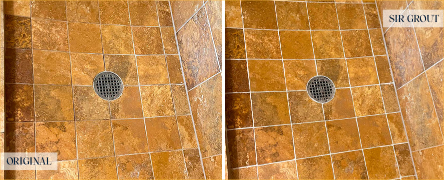 Travertine Shower Before and After a Grout Sealing in Chicago