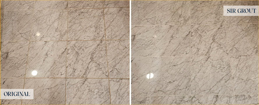 Marble Floor Before and After a Grout Recoloring in Chicago, IL