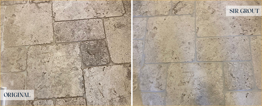 Close-Up of Living Room Floor Before and After a Stone Cleaning in Avondale