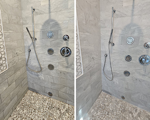 Marble Shower Before and After a Stone Cleaning in Western Springs