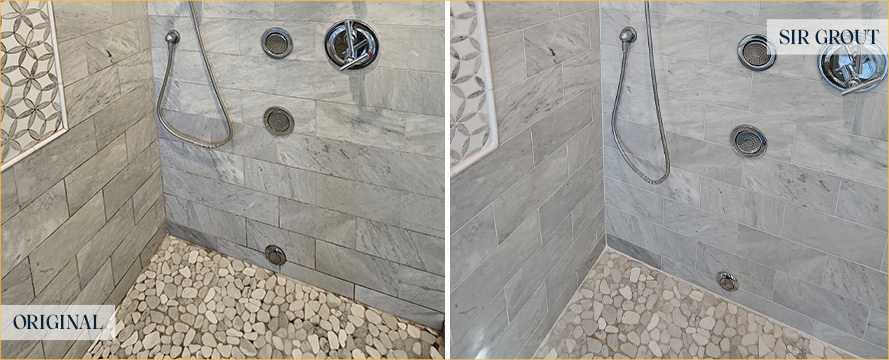 Marble Shower Before and After a Stone Cleaning in Western Springs